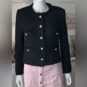 MNG Tweed Waist Jacket Fringe Details Silver color Metal Buttons in Black Size S